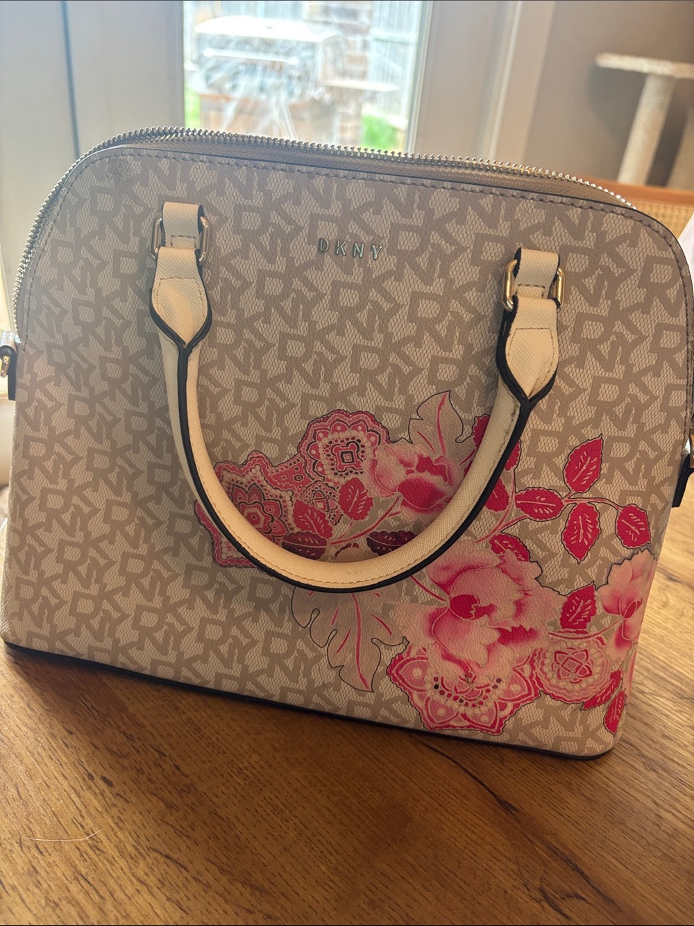 DKNY Cream Satchel with Pink Floral Accents